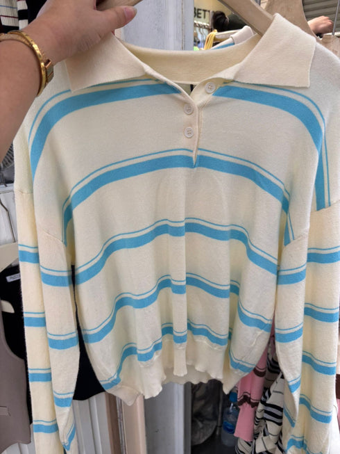 Knitted Collar Down Stripes Sweaters